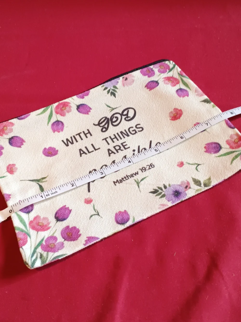 Inspirational Floral Canvas Makeup Pouch - Cream with Pink & Purple Flowers